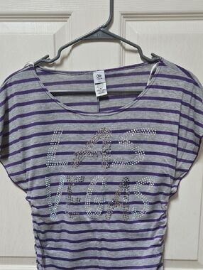 One Teen Trend Purple Gray Striped Tee with Rhinestone 'Las Vegas'